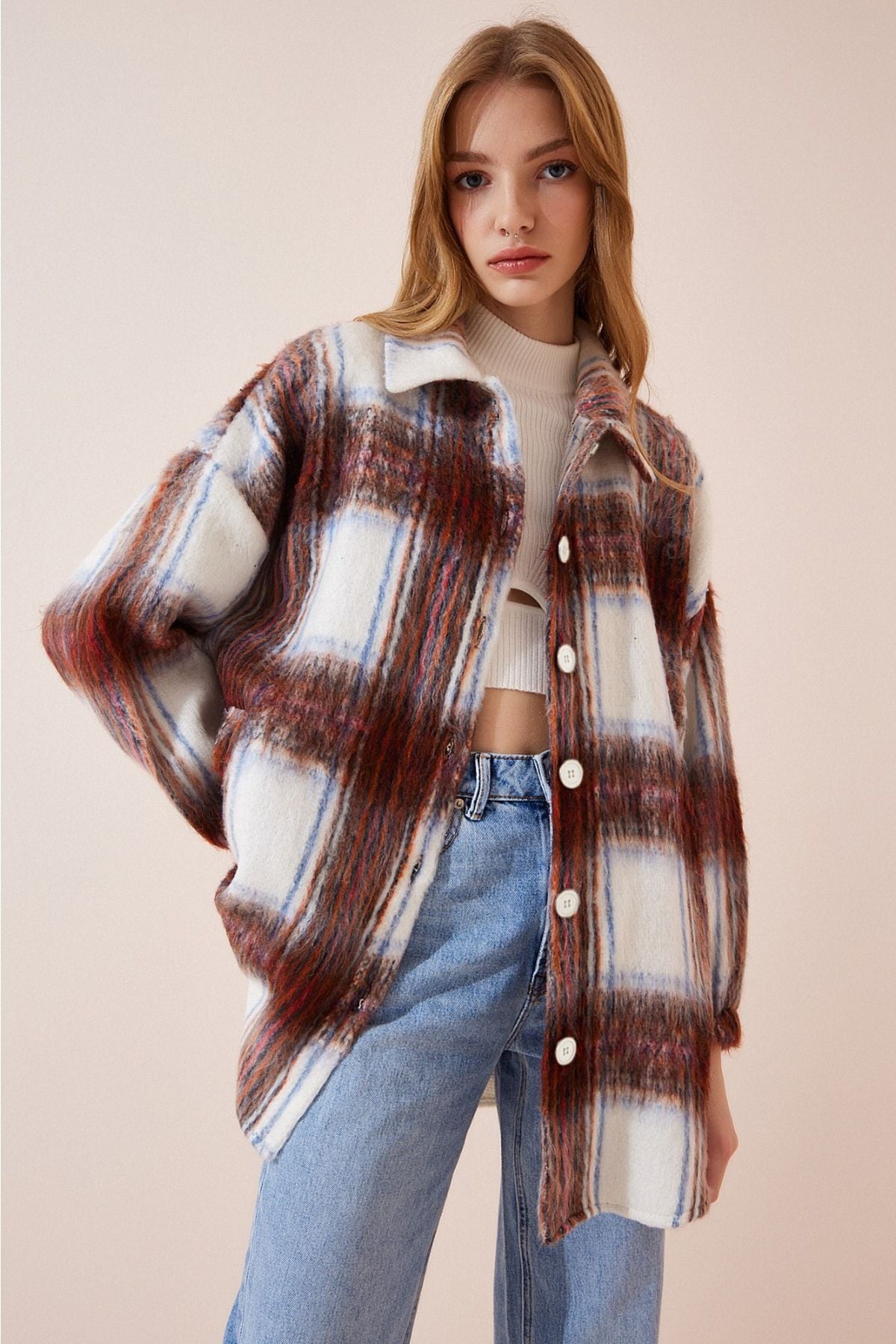 Woman Ecru Tile Wool Effective Oversizle Stamp Shirt Jacket DD01145