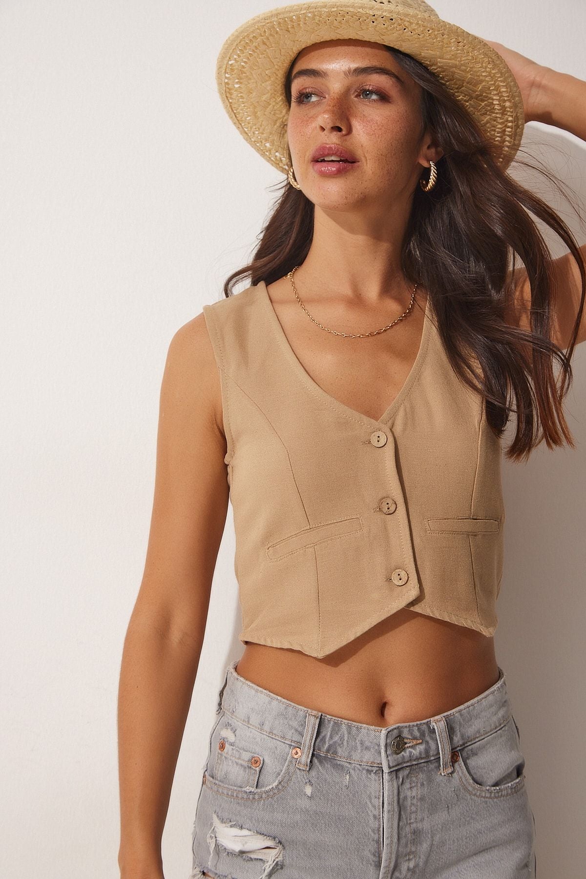 Female Biscuit V -Yaka Linen Vest HF00436