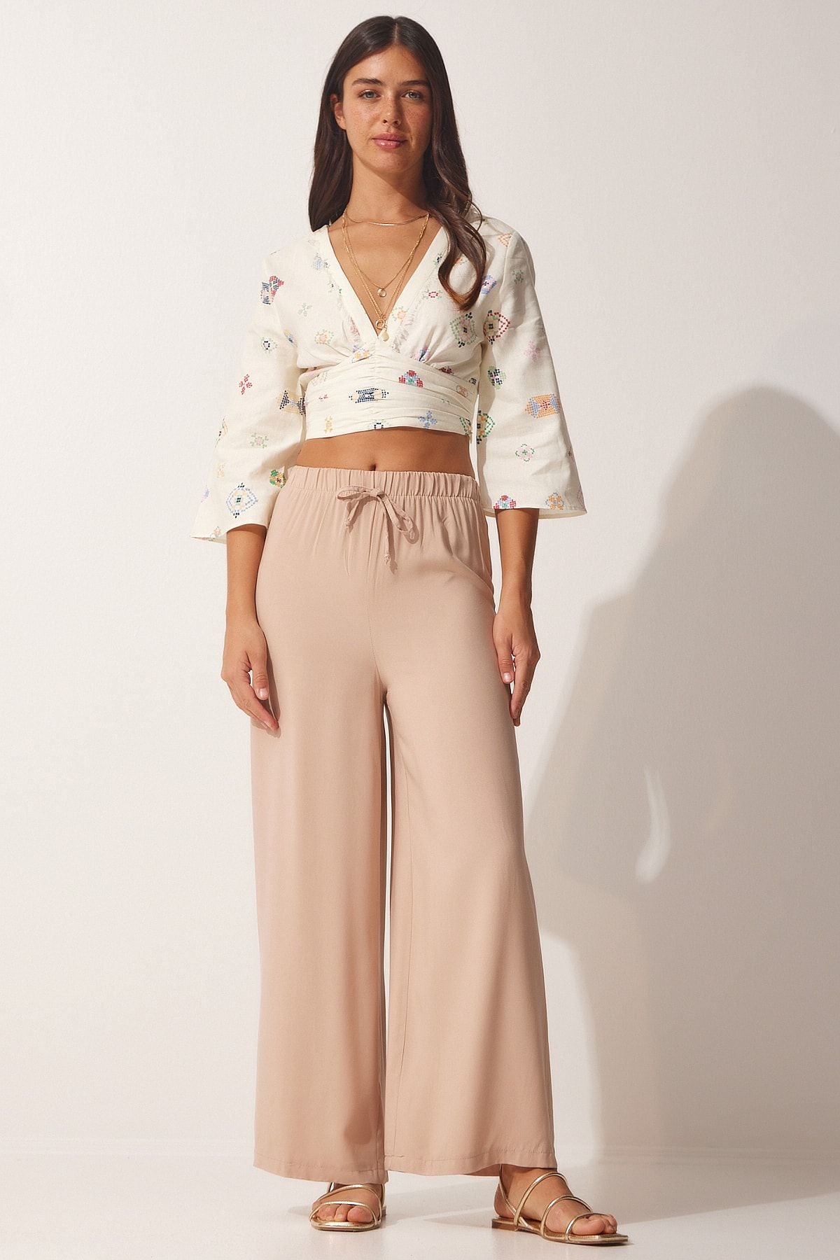 Female Beige Cotton Viscose Palazzo Pants BV00076