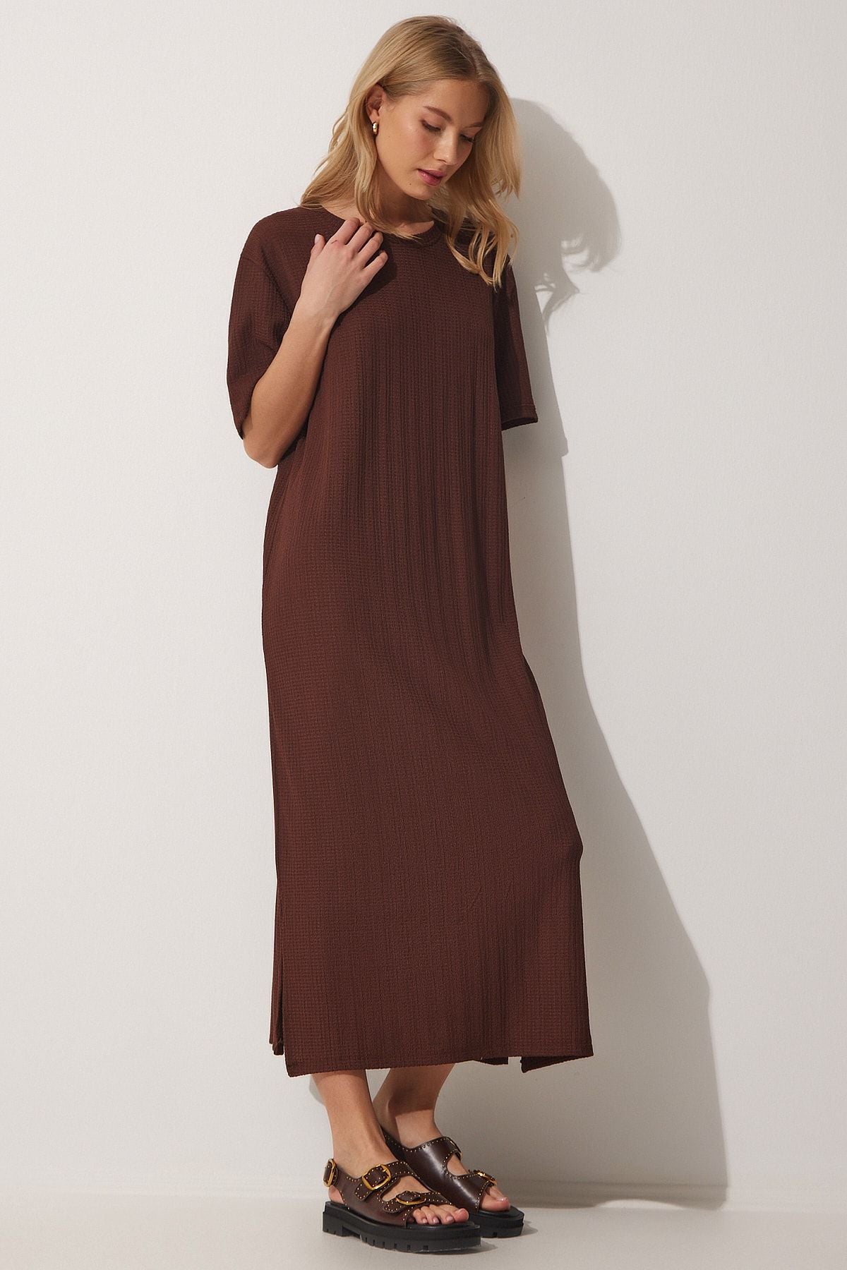 Woman Brown Long Daily Knitting Dress DZ00076