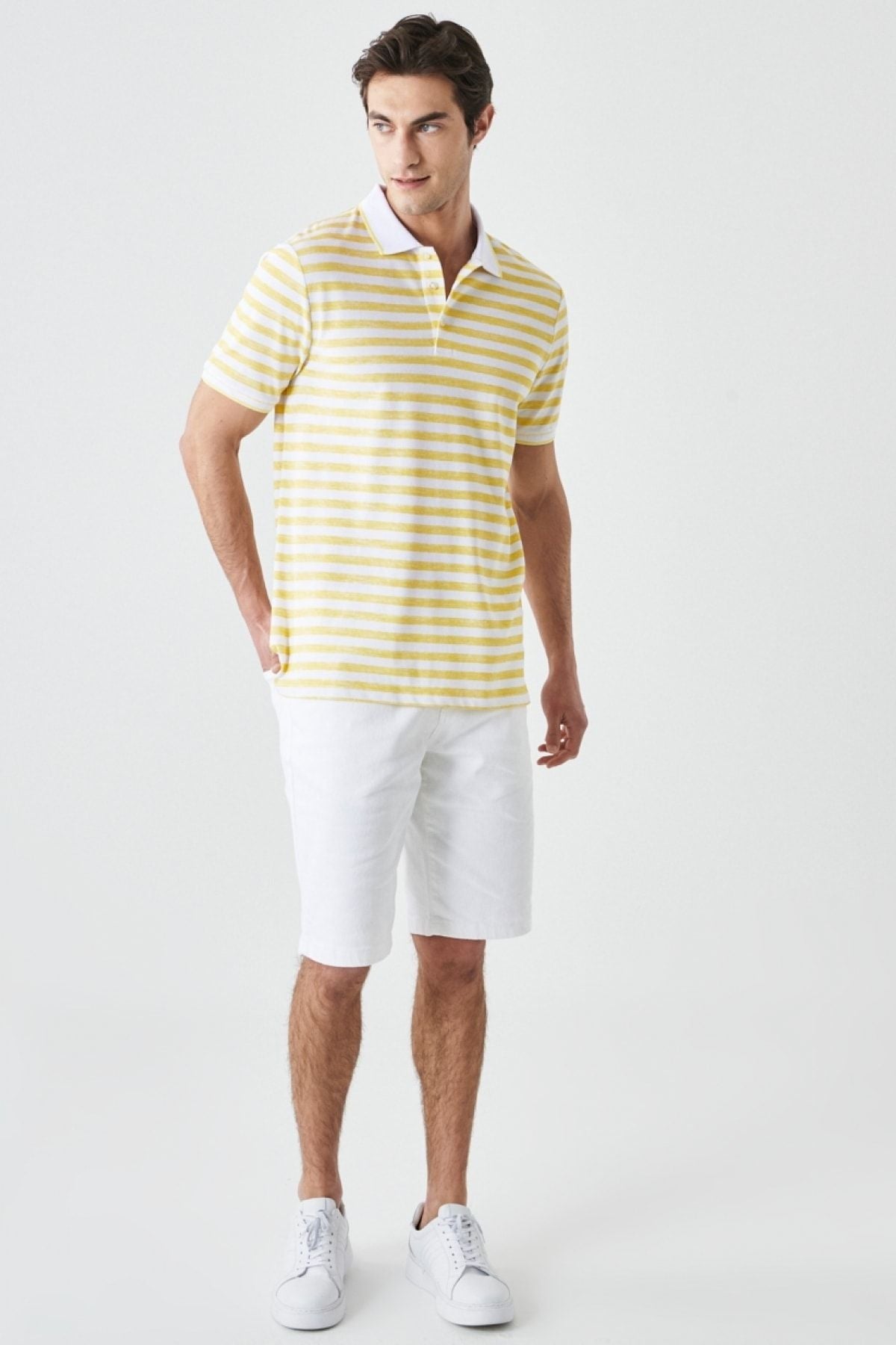 Men's white yellow slim fit narrow cut polo collar striped casual T -shirt