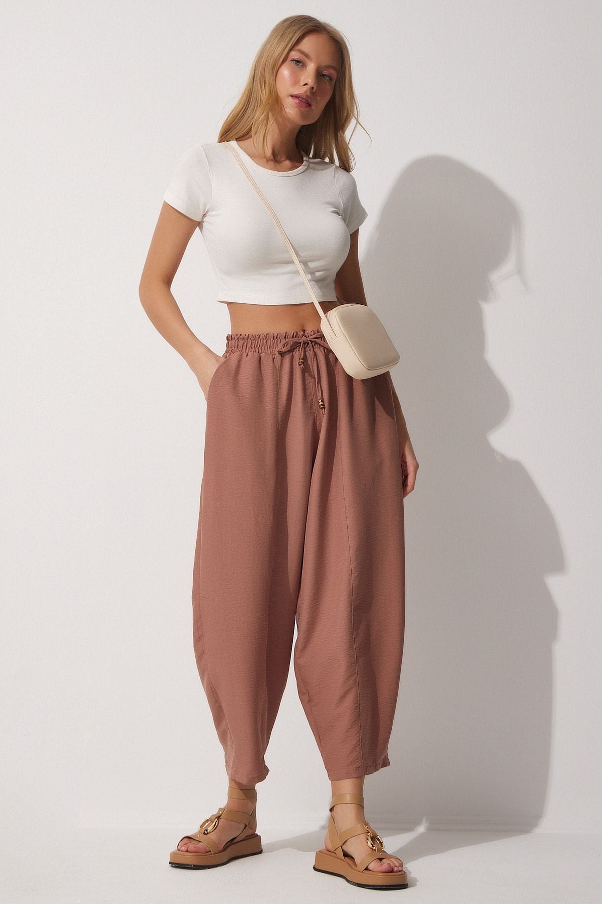 Female cocoa pocket linen viscose shalwar pants CV00001