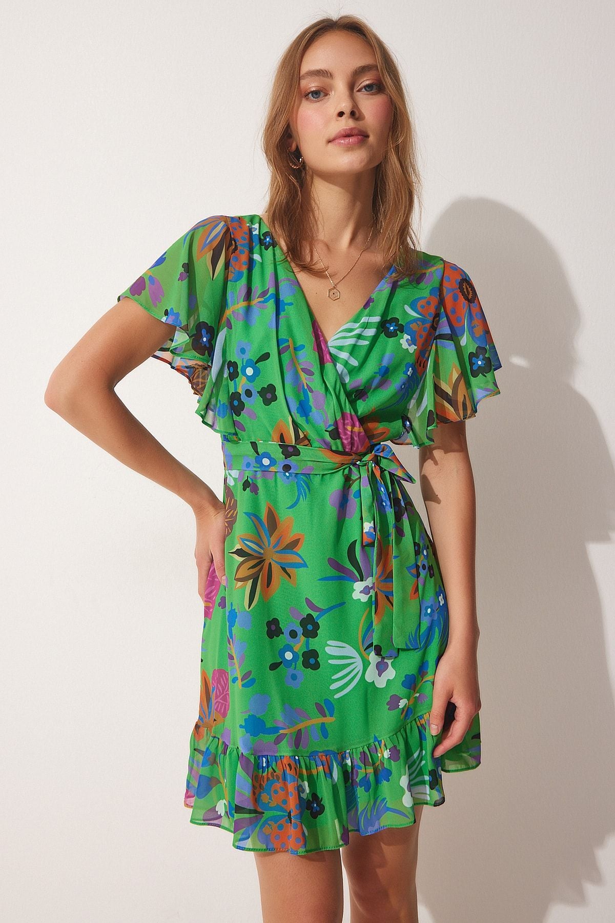 WOMEN'S GREEN PATTERNED ANVALOP YOKE KISON DRESS YI00003