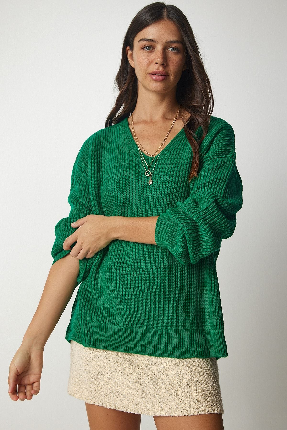 Kadın Koyu Yeşil V Yaka Oversize Basic Triko Kazak MX00130