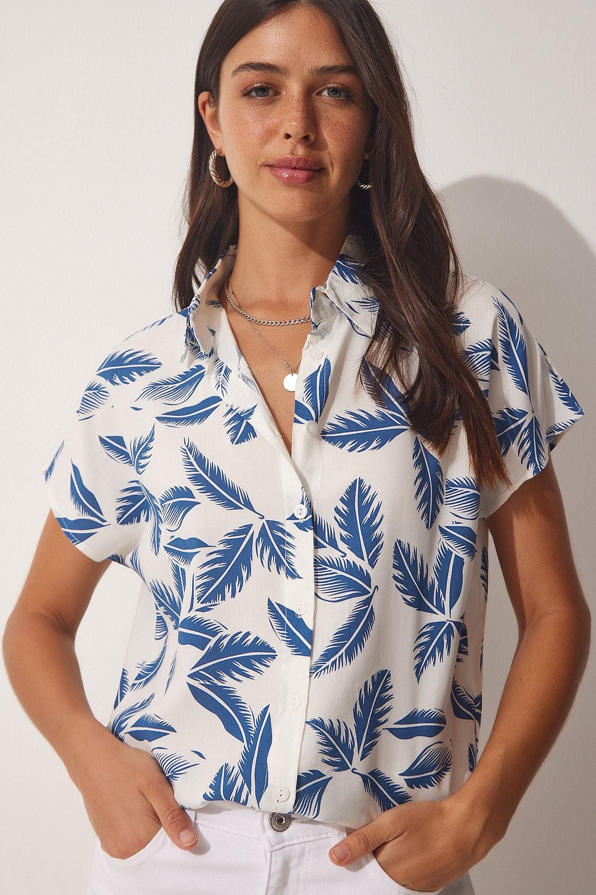 Female Blue White Patterned viscose shirt BH00408