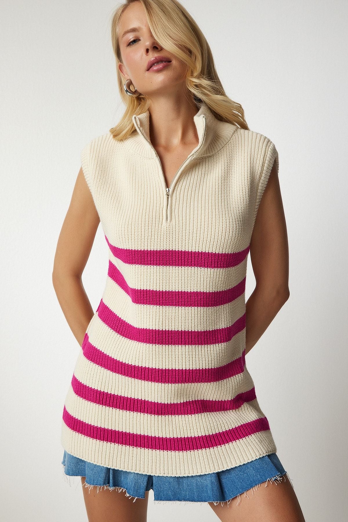 Women's cream pink zipper collar striped sweater MX00123