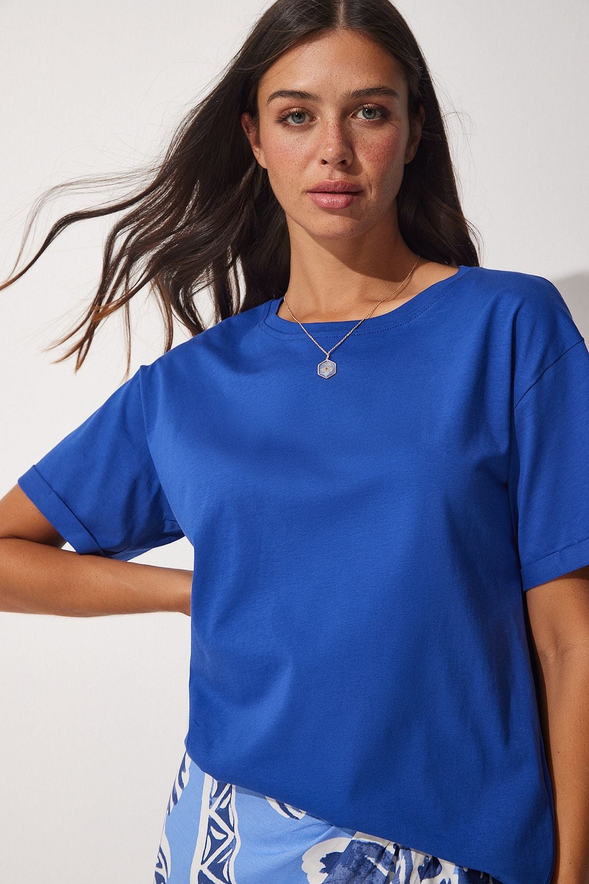 Women's Blue Bicycle Collar Cotton Plenty Knitting T-Shirt UB00053