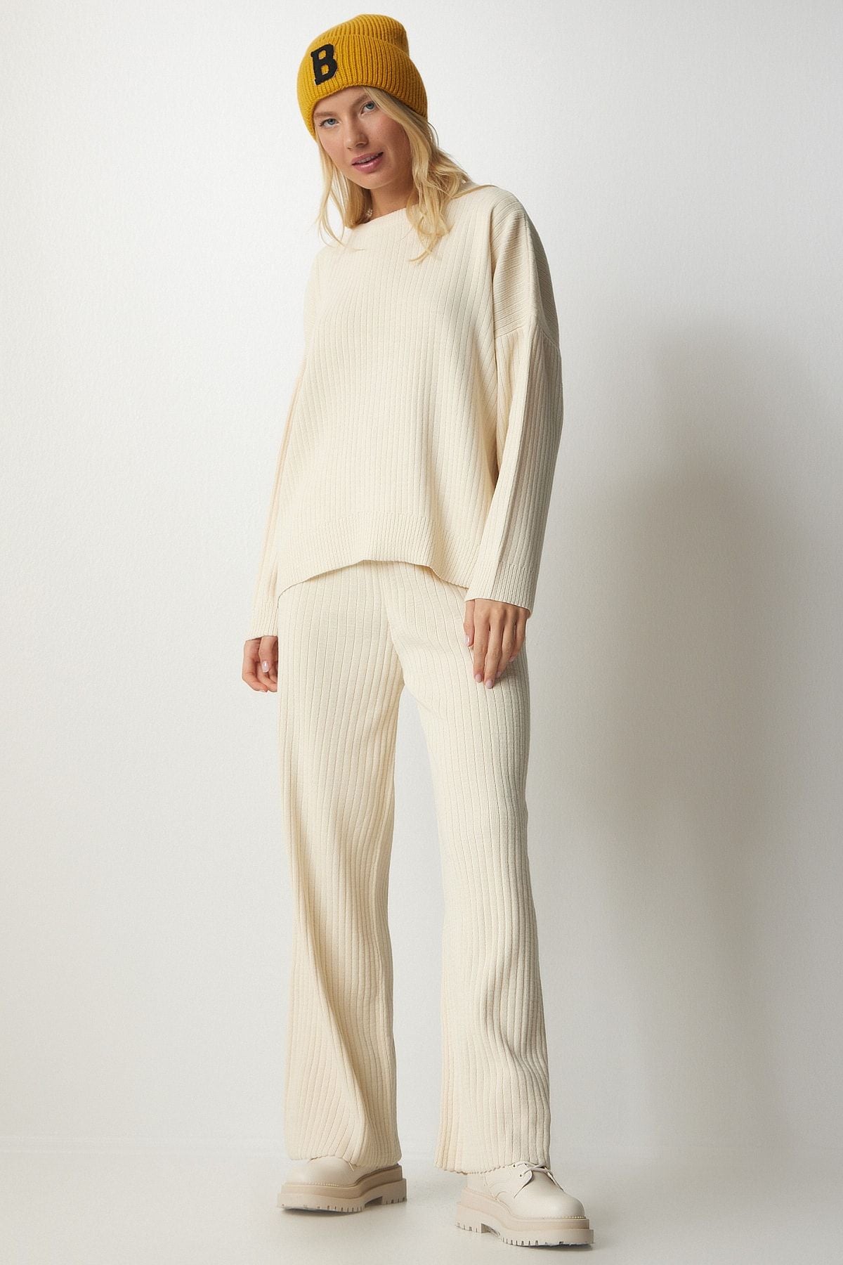 Women's Cream Knitwear Cossack Pants Set MX00112