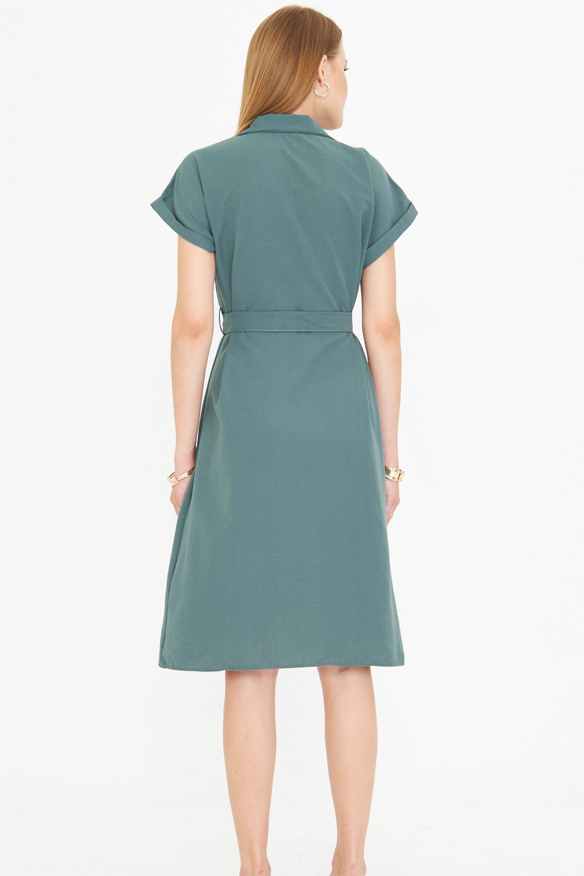 Women's Turquoise Waist Belted Short Sleeve Shirt Dress ARM-25Y001065