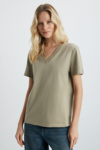 Aline Women's 100% Organic Cotton Deep V-Neck Comfort Fit Beige T-shirt