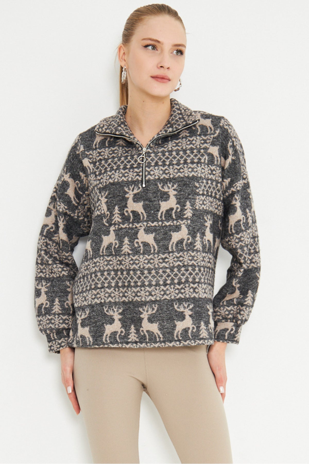 Women's Anthracite Turtleneck Sweatshirt with Zipper Collar ARM-25K001056