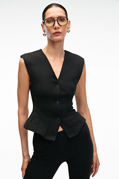 CALYSTRA Women's Flexible Fabric, Front Darts, Buttons, Padded Regular Fit Black Vest