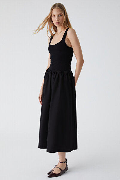 Pani Fuego Women's Strappy Collar Skirt Section, Stretchy Viscose Black Dress with Woven Poplin Top