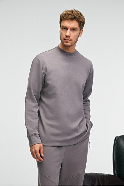 EDMUND Men's Crew Neck Dark Gray Sweatshirt with Sleeve Printed Skirt, Elastic and Stopper