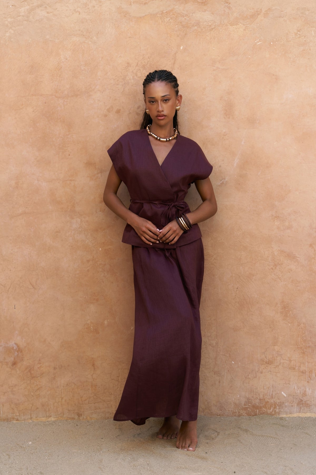 Fiametta Casual Claret Red Linen Vest Skirt Set