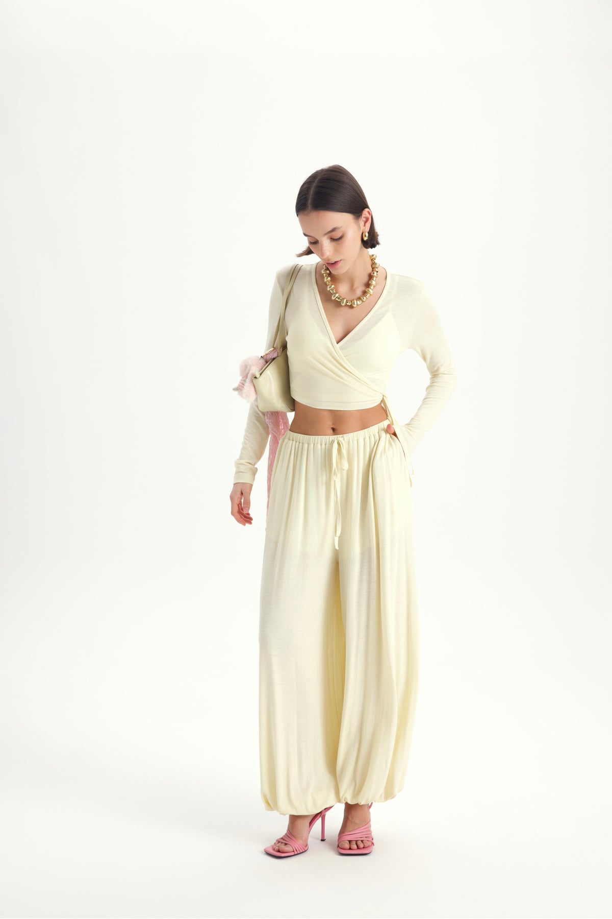 Vena Tie Yellow Crop Shalwar Trousers Set