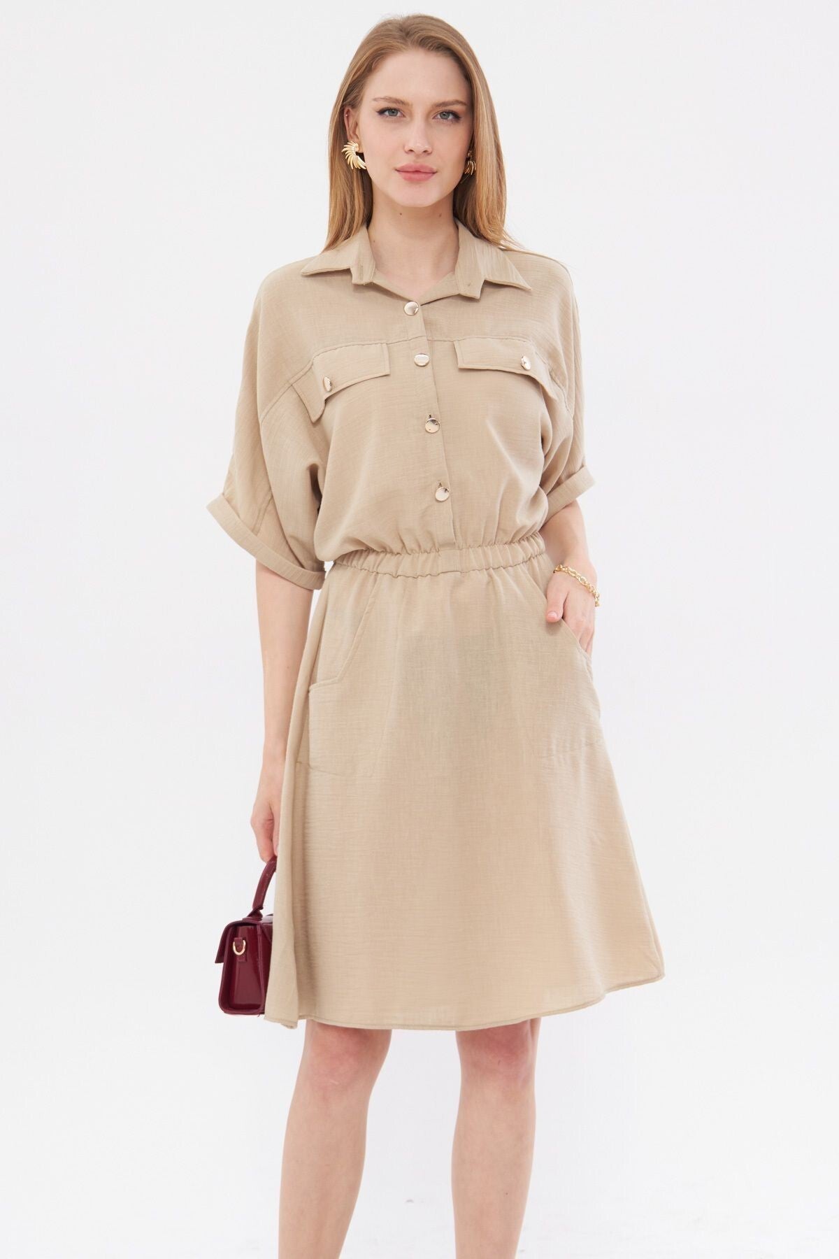 Women's Beige Bat Sleeve Pocket Elastic Waist Dress ARM-23Y001076