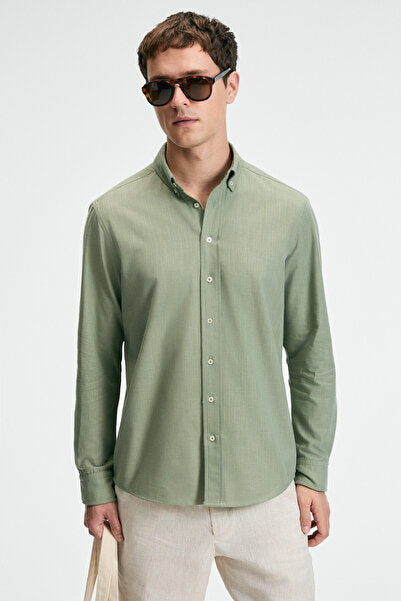 PERTTU Men's 100% Cotton Slim Fit Narrow Cut Button Collar Linen Look Flared Khaki Shirt