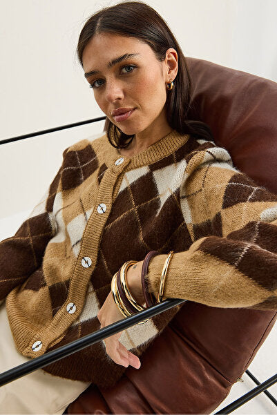 Women's Diamond Patterned Crew Neck Jacquard Cardigan 4922 60283759