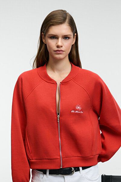 YASVELL Women's Metal Zipper Double Pocket Embroidery Detailed Balloon Sleeve Bomber Red Jacket