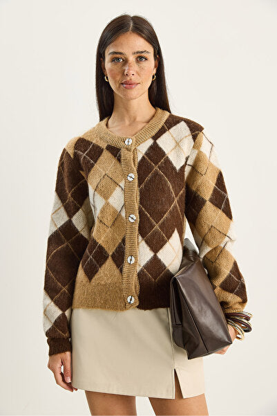 Women's Diamond Patterned Crew Neck Jacquard Cardigan 4922 60283759