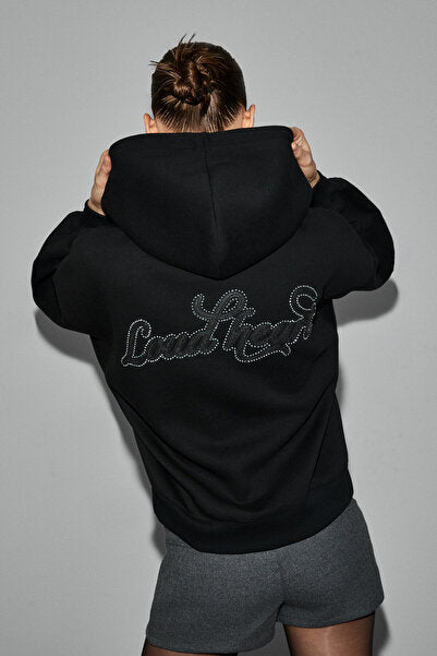 ASTERELLE Women's Cotton Fleece Inside Oversize Hooded Backpack Detailed Black Sweatshirt