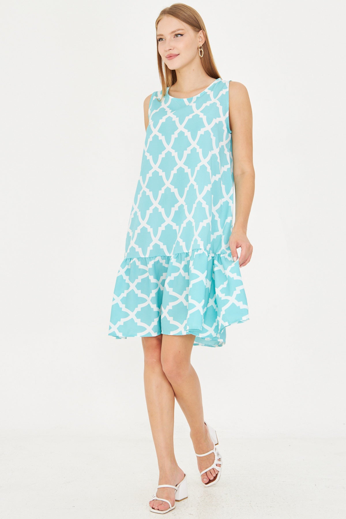 Women's Turquoise Patterned Sleeveless Skirt Frilly Dress ARM-22K001142