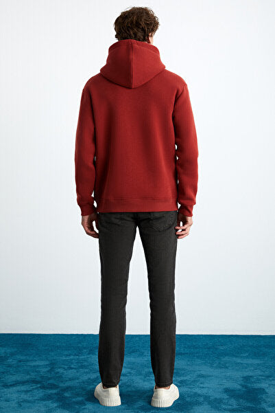 Yokohama Men's Soft Regular Kangaroo Pocket Hooded Brick Color Sweatshirt with Fleece Inside