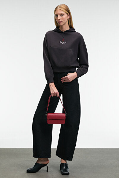 ISADORA Women's Hooded Embroidery Detailed Regular Fit Crop Anthracite Sweatshirt