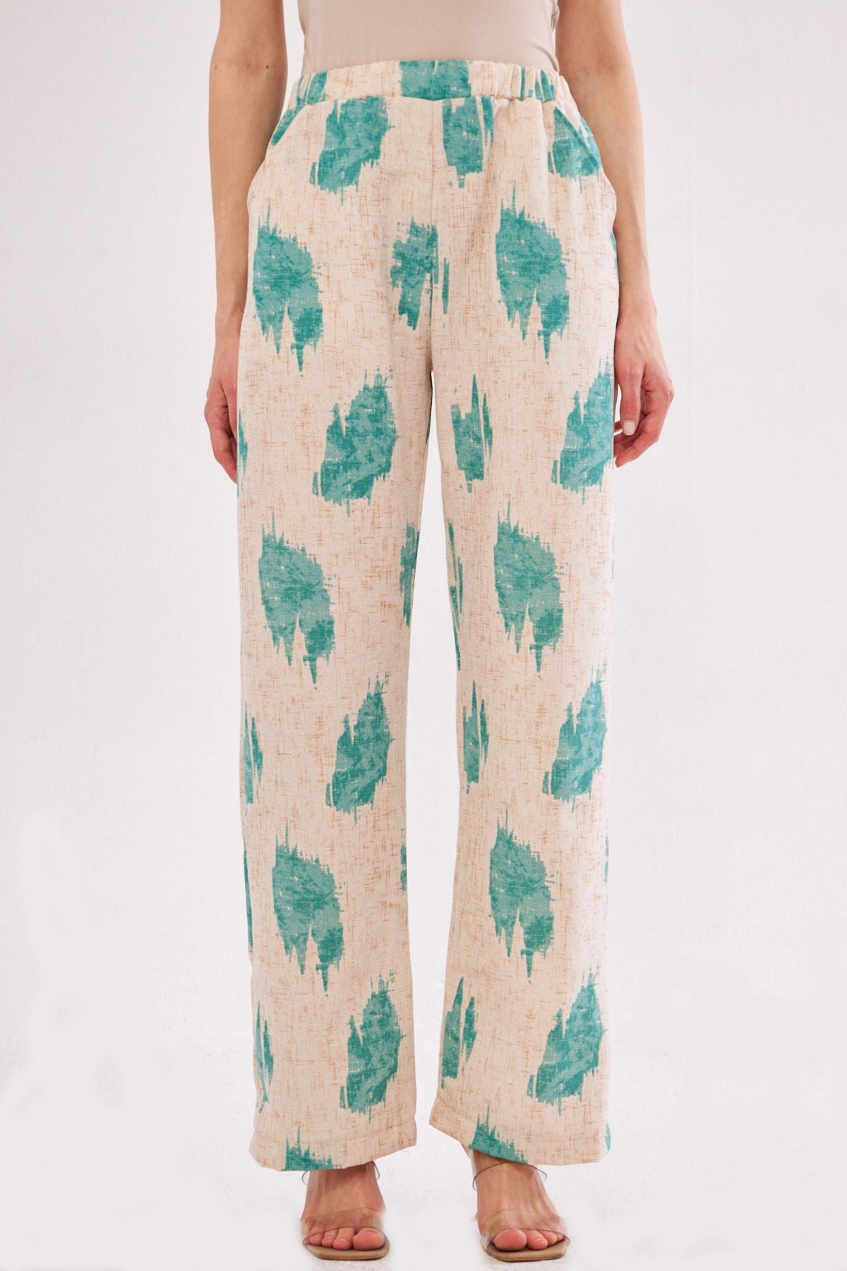 Women's Green Ena Pants with Elastic Waist Pocket Detail Linen Look Wide Leg ARM-24Y001021