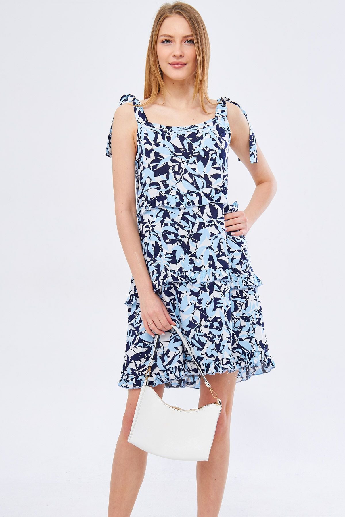 Women's Baby Blue Decaenya Dress Ruffle Detailed Shoulder Tie Mini Size ARM-24Y001042