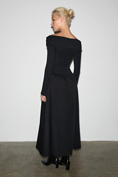 FRUENDO Women's Asymmetrical Collared Top with Stretchy Fabric Skirt Poplin Long Black Dress