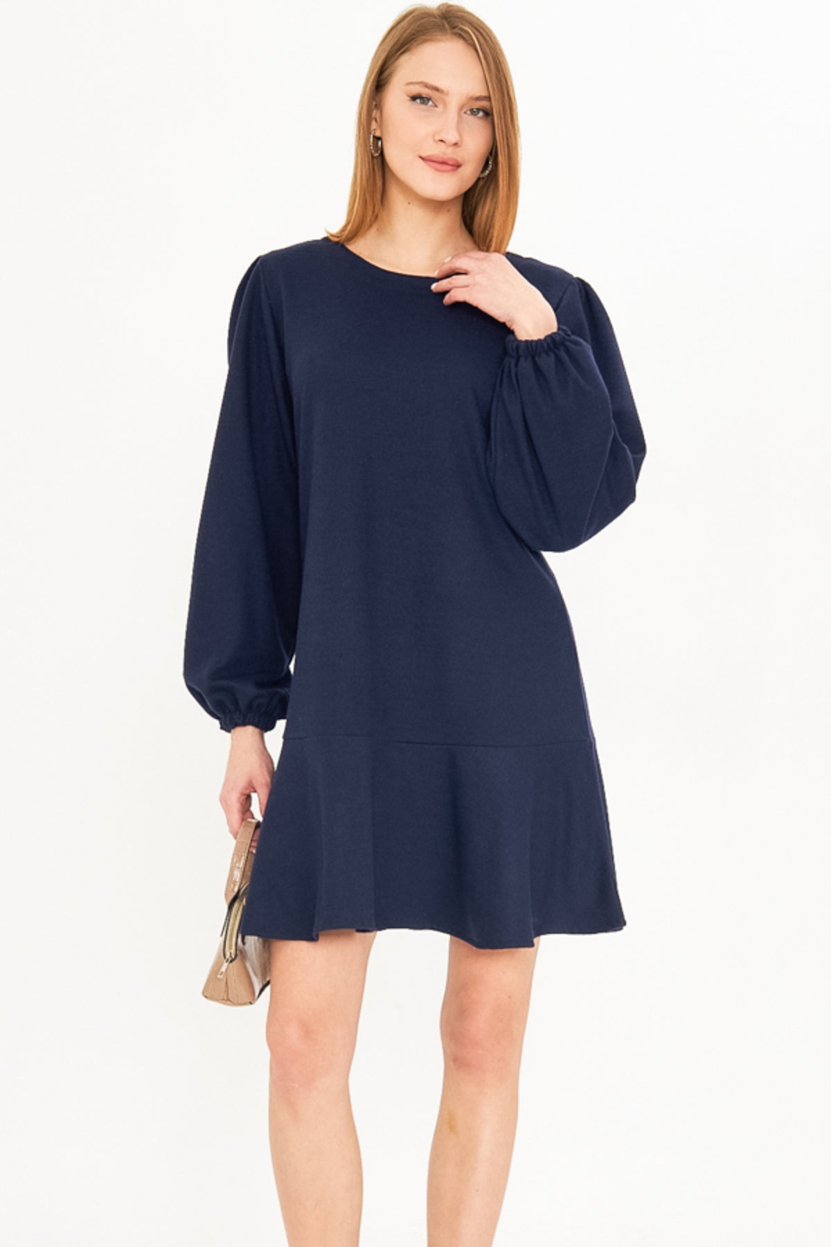 Women's Navy Blue Round Neck Skirt Flounced Sleeves Gathered Lined Stash Dress ARM-25K001094
