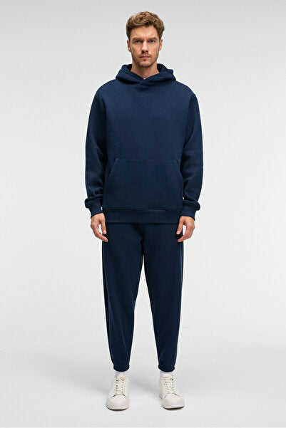 ANSEL Men's Elastic Slim Leg Three-Pocket Soft Organic Cotton Navy Blue Sweatpants