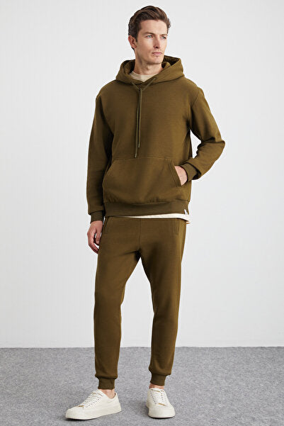 Hakone Men's Organic Cotton Fleece Inside Ribbed Pocket Jogger Khaki Sweatpants