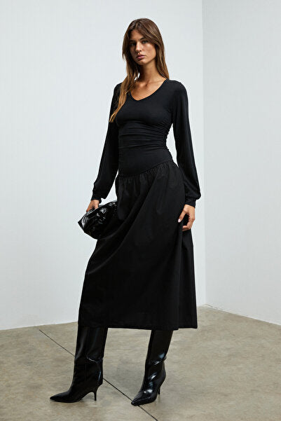 PANI YOKEND Women's V-Neck, Gather Detailed, Flexible Fabric Skirt Poplin Black Dress