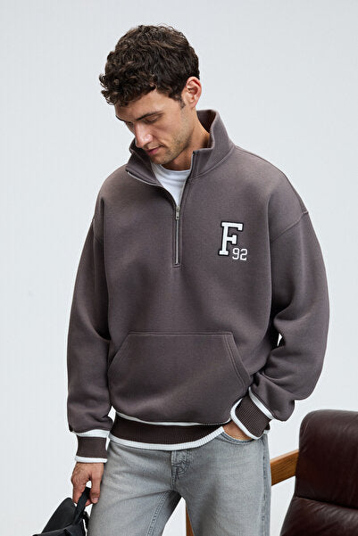 PLATA Men's Half Zipper Skirt with Kangaroo Pocket and Knitwear Detail on the Sleeve Relaxed Fit Smoked Sweatshirt