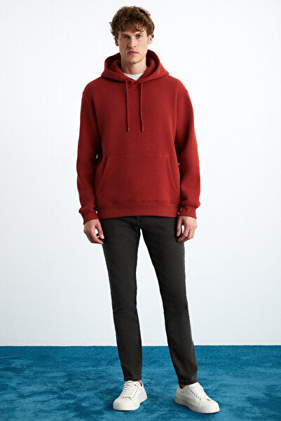 Yokohama Men's Soft Regular Kangaroo Pocket Hooded Brick Color Sweatshirt with Fleece Inside