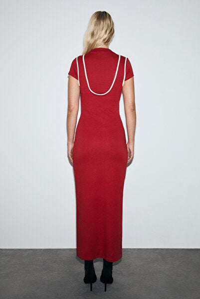 DEPORTS Women's Soft Flexible Fabric Contrast Piping Double Collar Red Dress