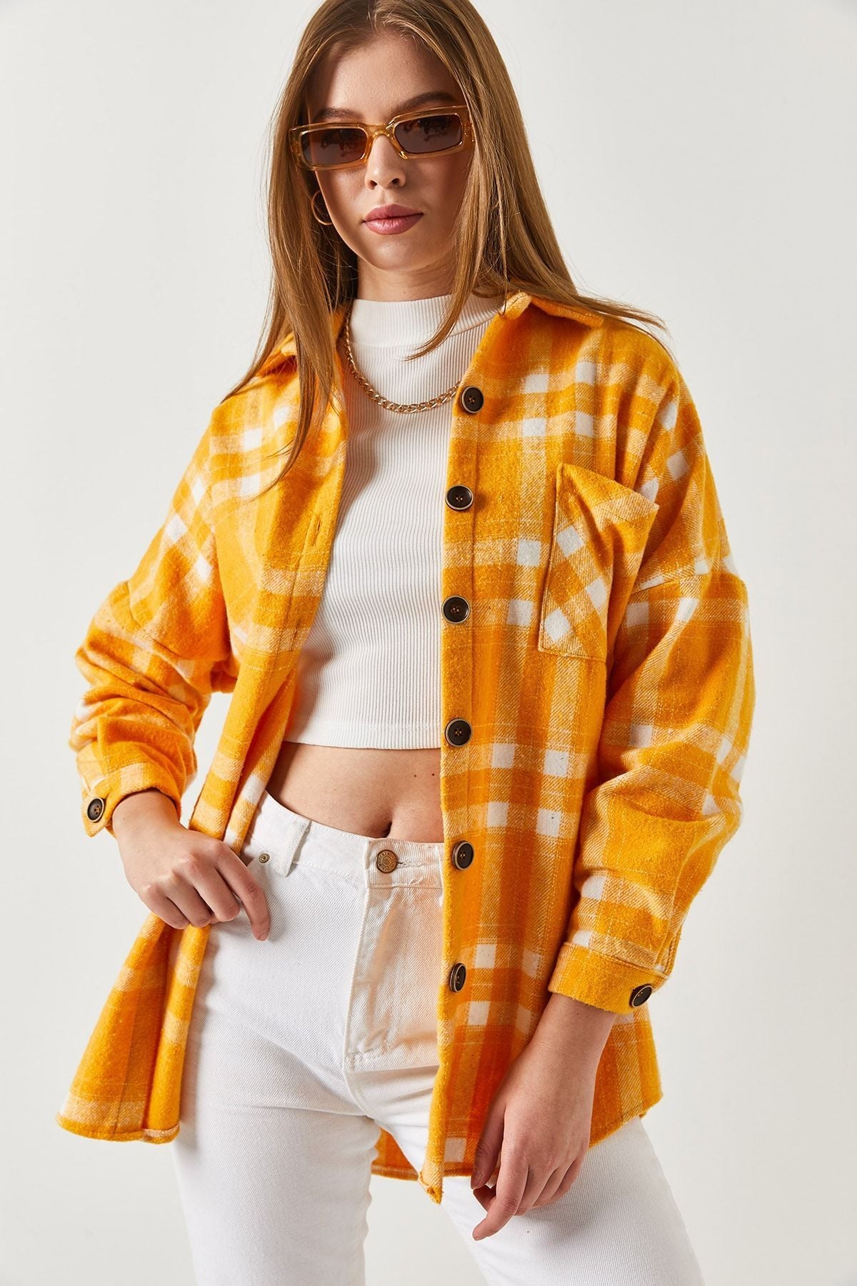 Women's Yellow Plaid Pattern Oversize Pocket Shirt ARM-22Y001199