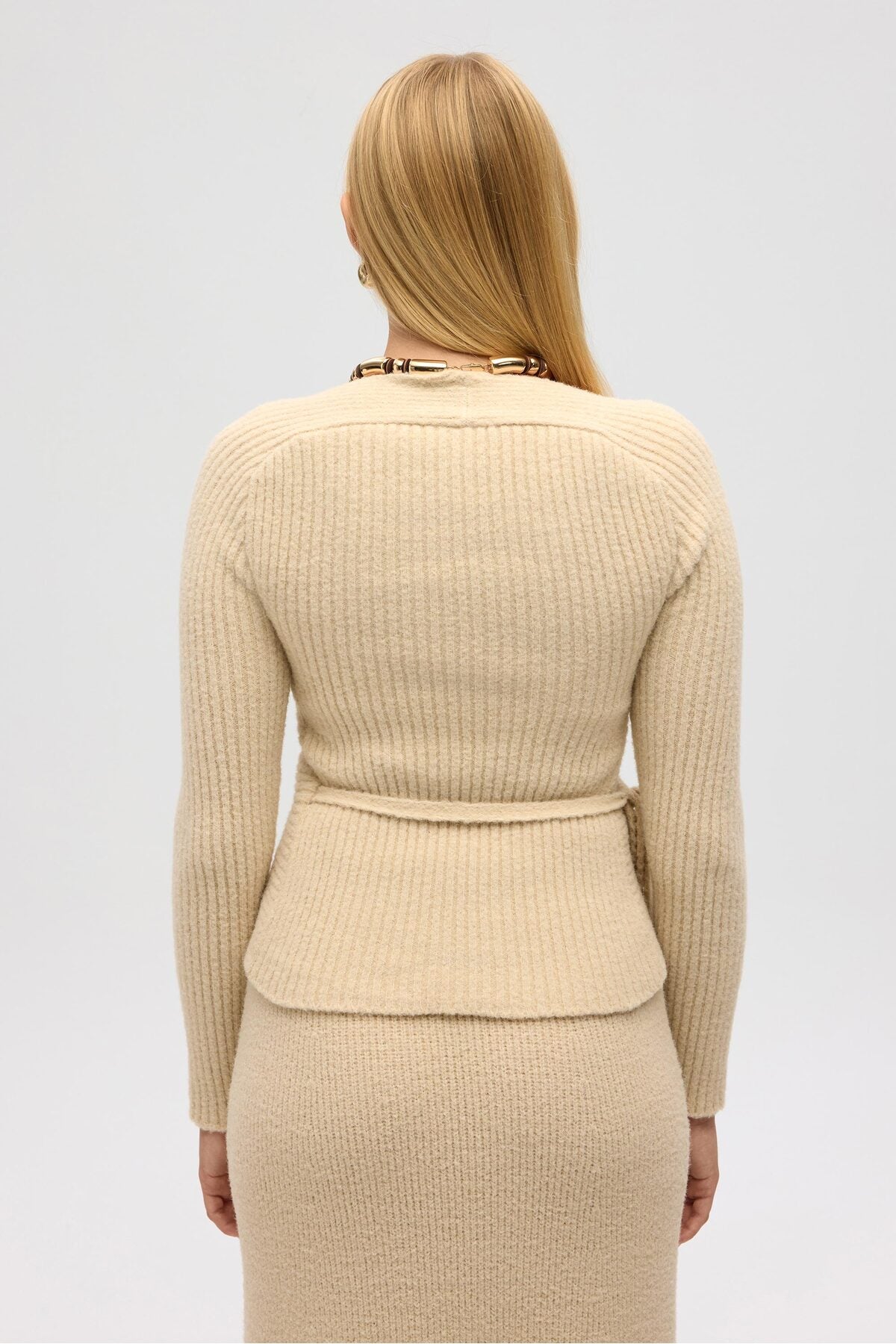 Beige Top-Skirt Set with Fluff Tie