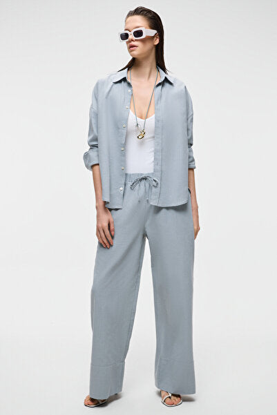 VESTA Women's 100% Cotton Linen Look Flared Oversize Gray Shirt