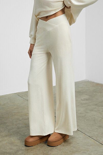 ARTREOS Women's Soft and Flexible Fabric Asymmetrical Belted Ecru Sweatpants