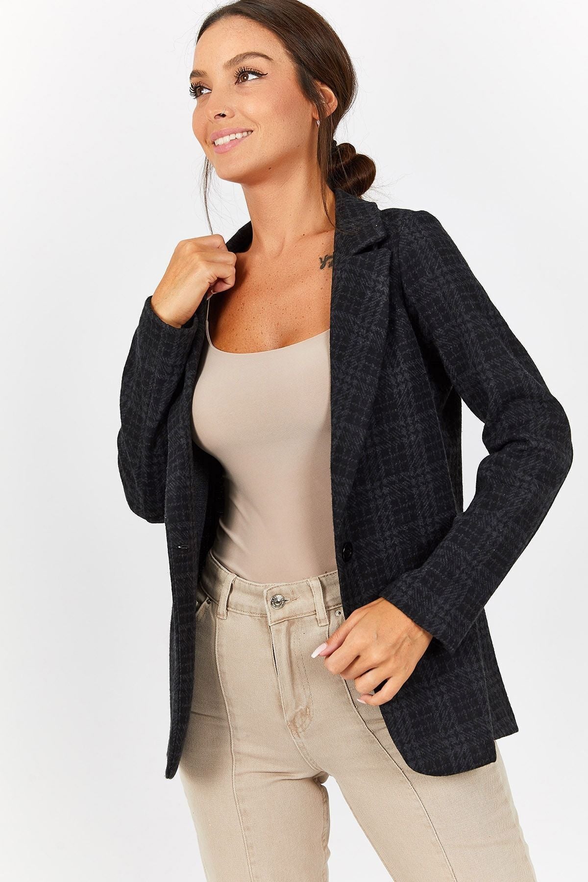 Women's Anthracite Single Button Plaid Jacket Arm-19K001131
