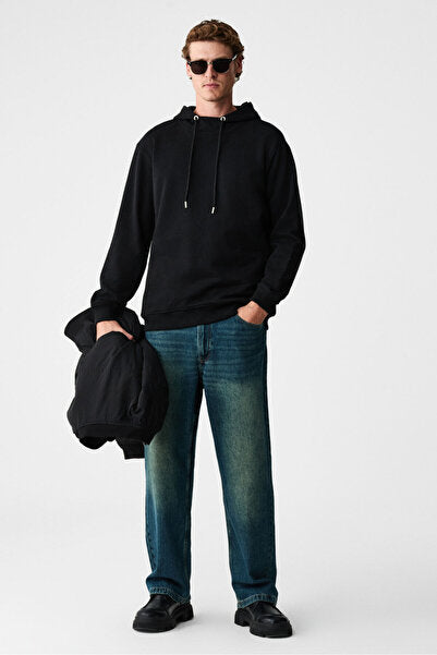 ALESSIO Men's 100% Cotton Hooded Cord Detailed Oversize Fit Black Sweatshirt