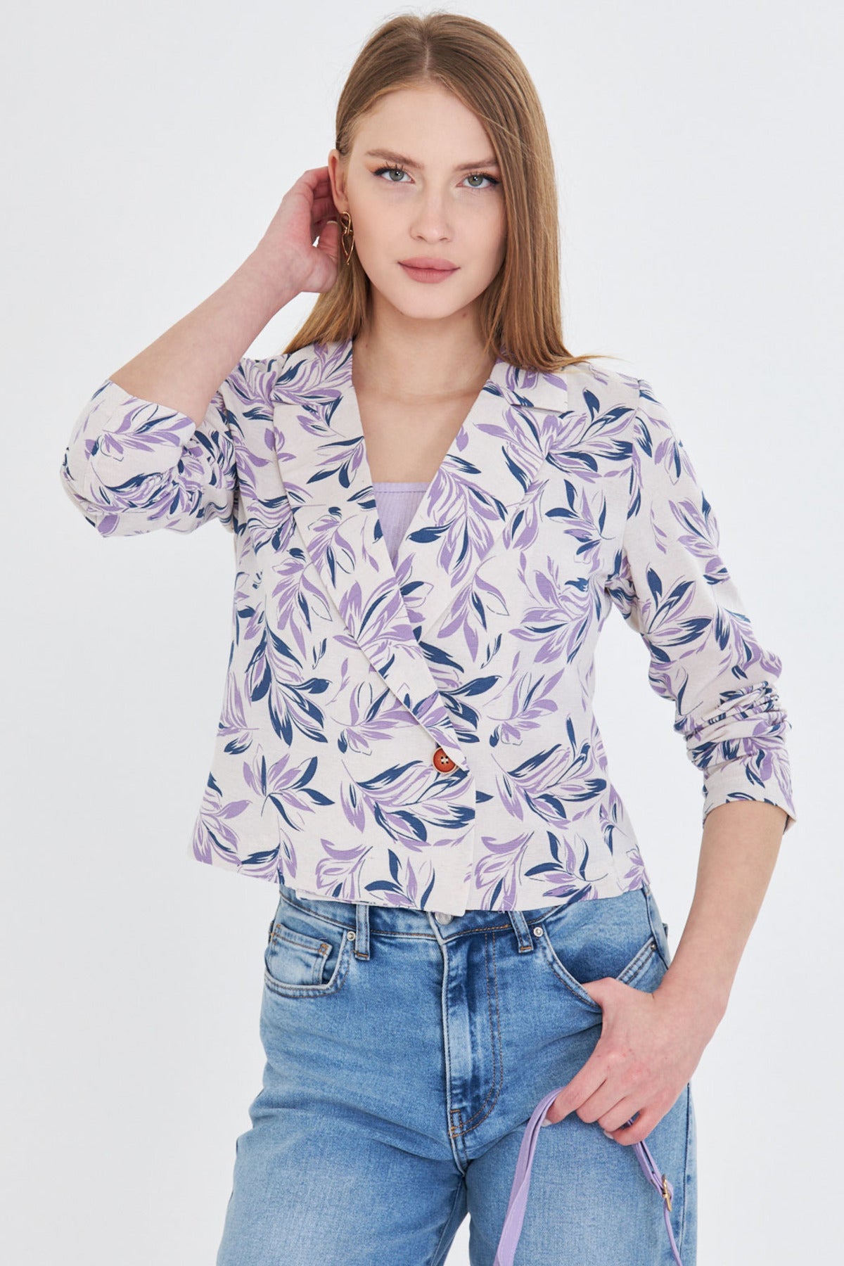 Women's Light Lilac Double Breasted Collar Patterned Crop Jacket ARM-24Y001058