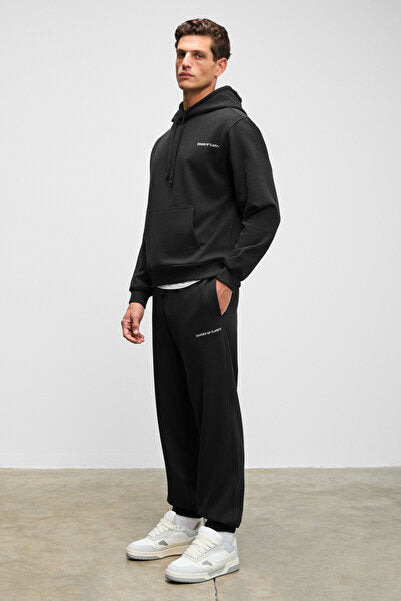 MARSHALLHOODIE Men's Cotton Relaxed Black Tracksuit Set with Fleece Embroidery