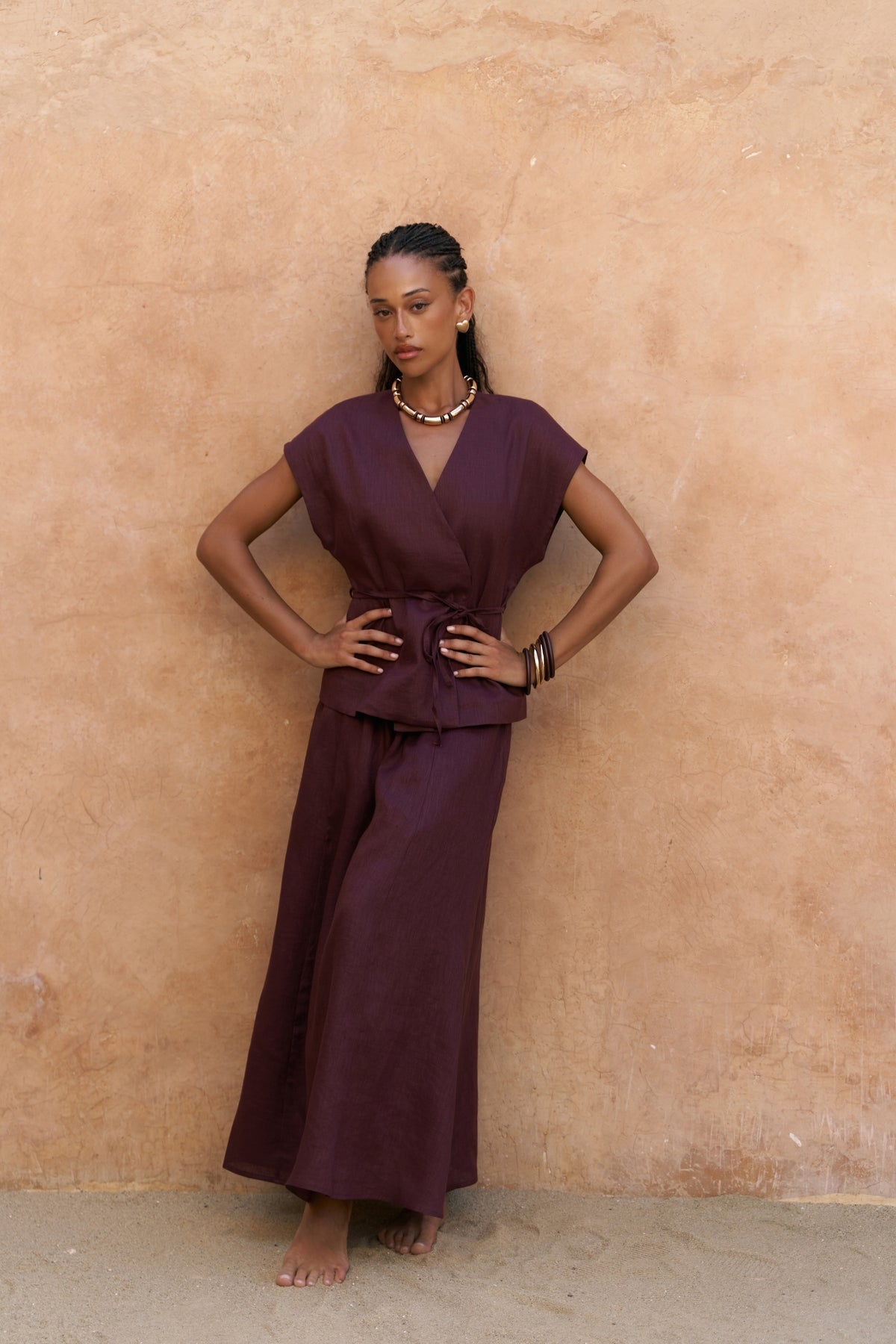 Fiametta Casual Claret Red Linen Vest Skirt Set