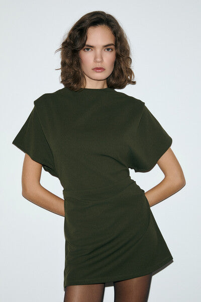 MAXINE Women's Short Sleeve Mini Khaki Dress with Pleat Detail on Shoulders and Waist, High Collar, Zipper