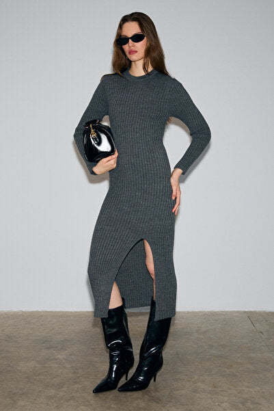 SOREYA Women's Round Neck Stripe Patterned Slit Slim Fit Knitwear Anthracite Dress